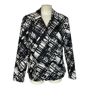 Coldwater Creek Black White Abstract Plaid Snap Stretch Blazer Jacket Sz 12